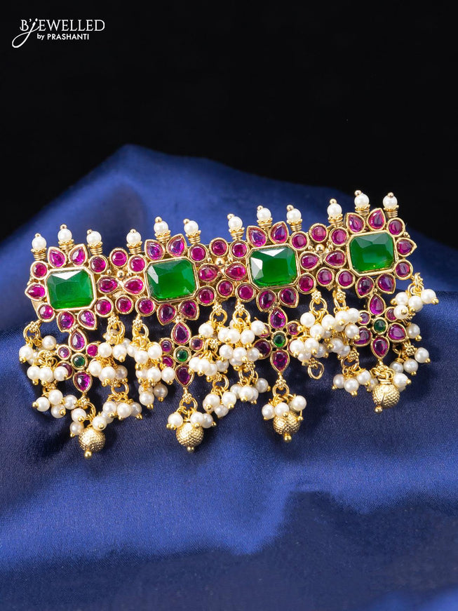 Antique hair clip big size with kemp stones and golden beads hangings - {{ collection.title }} by Prashanti Sarees