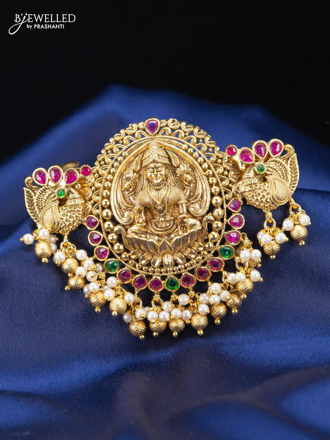 Antique hair clip lakshmi design medium size with kemp stones and golden beads hangings - {{ collection.title }} by Prashanti Sarees