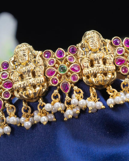 Antique hair clip lakshmi design small size with kemp stone and pearl hangings - {{ collection.title }} by Prashanti Sarees