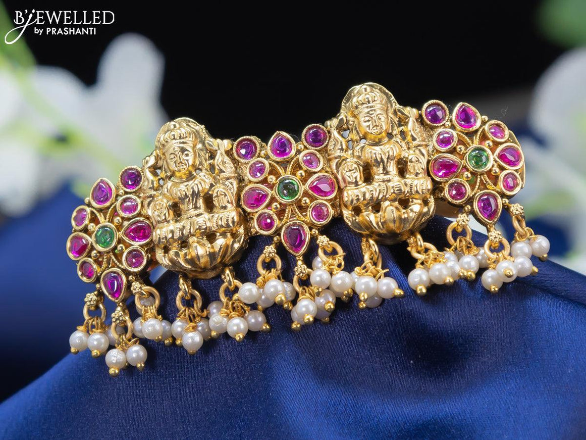 Antique hair clip lakshmi design small size with kemp stone and pearl hangings - {{ collection.title }} by Prashanti Sarees