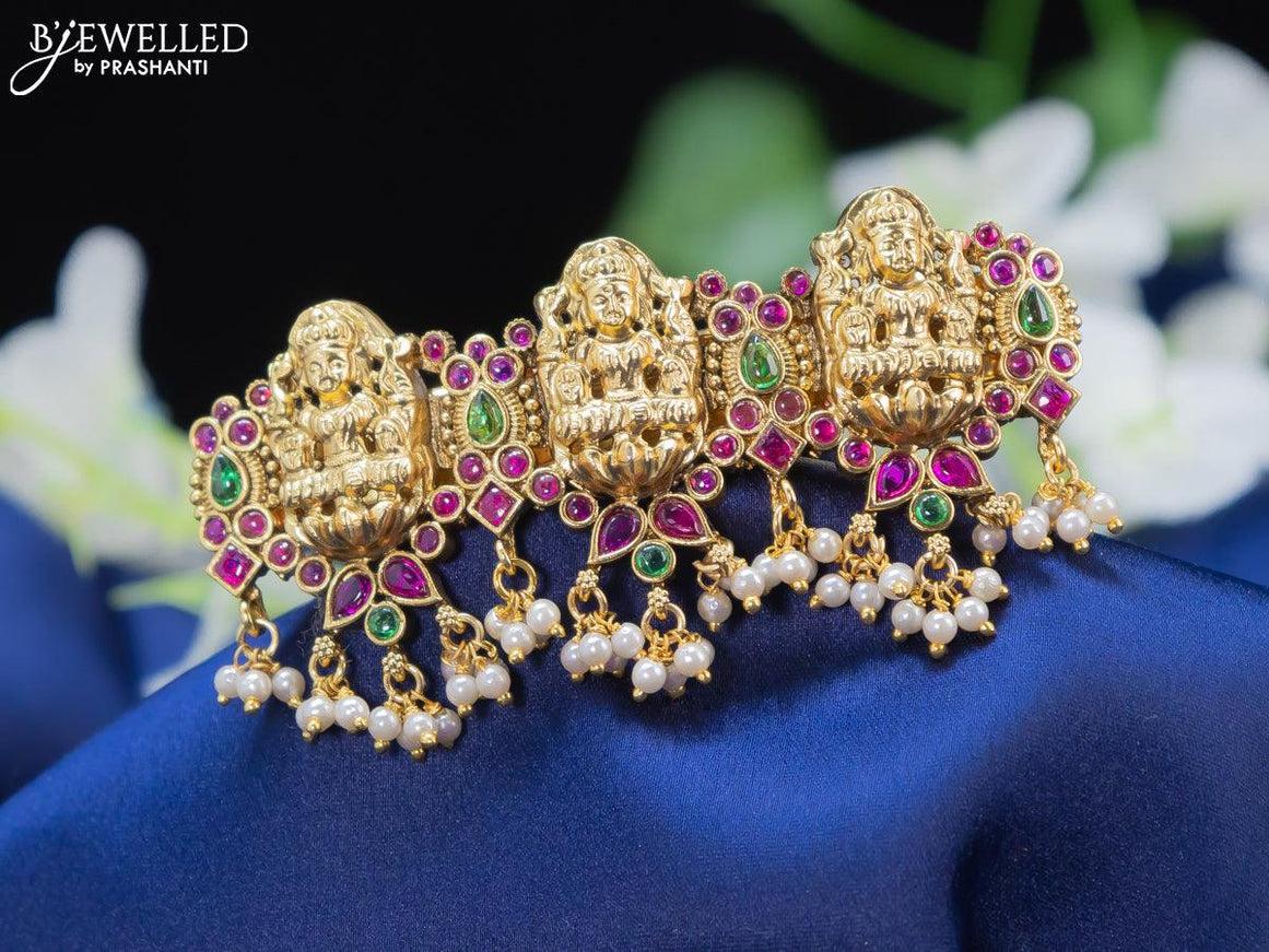 Antique hair clip medium size lakshmi design with kemp stone and pearl hangings - {{ collection.title }} by Prashanti Sarees