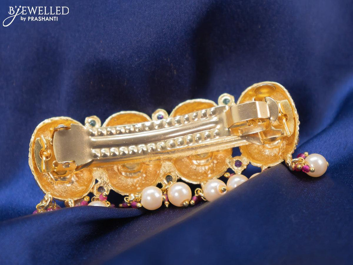 Antique hair clip medium size with kemp stone and pearl hangings - {{ collection.title }} by Prashanti Sarees