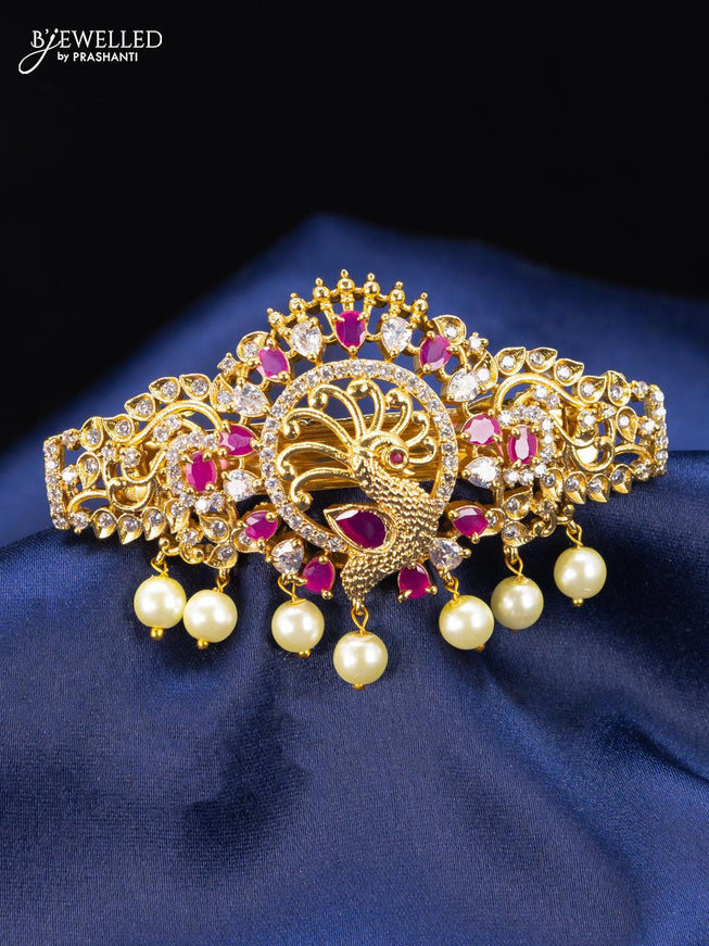 Antique hair clip peacock design medium size with pink kemp & cz stones and pearl hangings - {{ collection.title }} by Prashanti Sarees