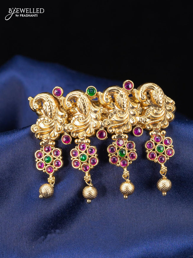 Antique hair clip peacock design small size with kemp stones and golden beads hangings - {{ collection.title }} by Prashanti Sarees
