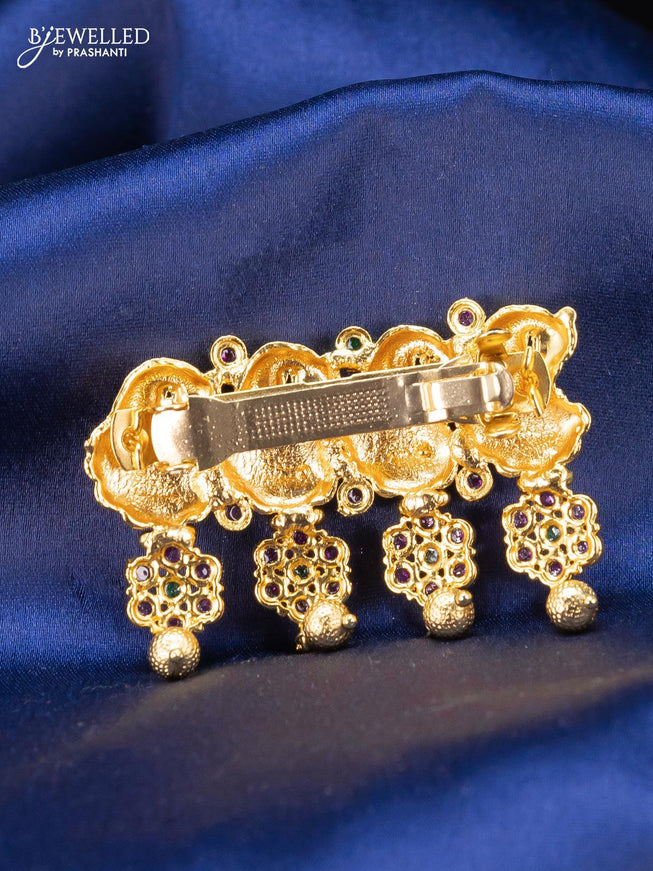 Antique hair clip peacock design small size with kemp stones and golden beads hangings - {{ collection.title }} by Prashanti Sarees