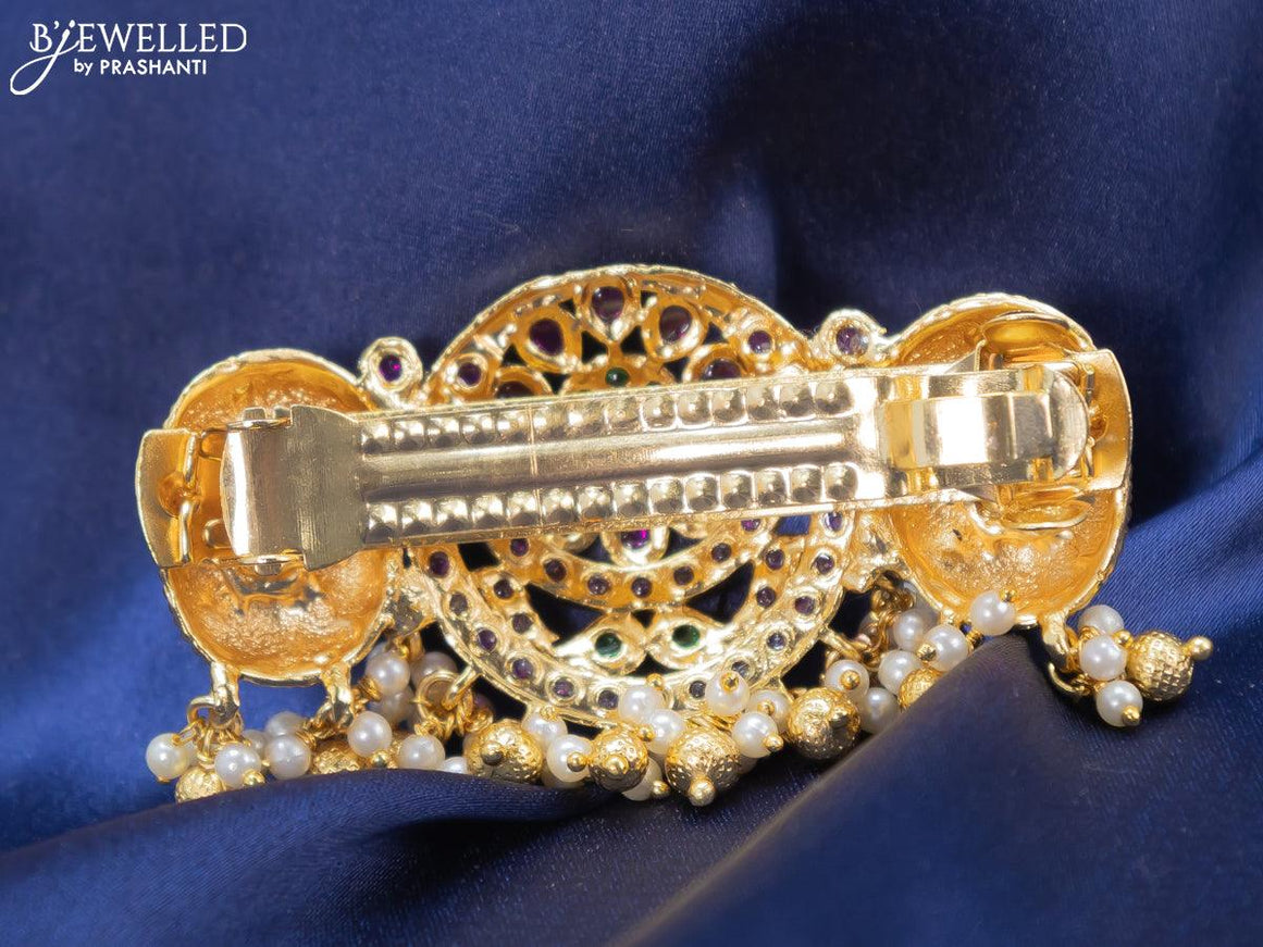 Antique hair clip small size with kemp & cz stone and golden beads hangings - {{ collection.title }} by Prashanti Sarees