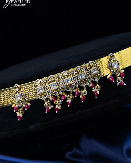 Antique hip belt with cz stones and pink beads hangings in victorian finish - {{ collection.title }} by Prashanti Sarees