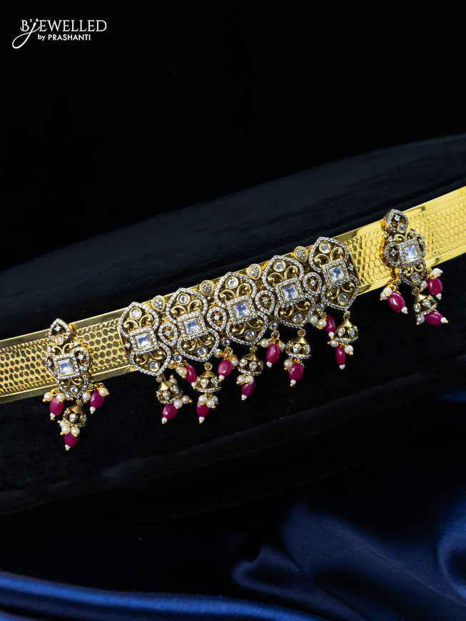 Antique hip belt with cz stones and pink beads hangings in victorian finish - {{ collection.title }} by Prashanti Sarees