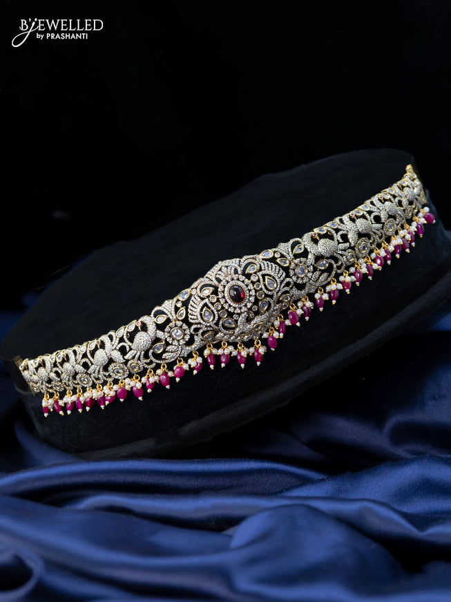 Antique hip belt with ruby & cz stones and pink beads hangings in victorian finish - {{ collection.title }} by Prashanti Sarees