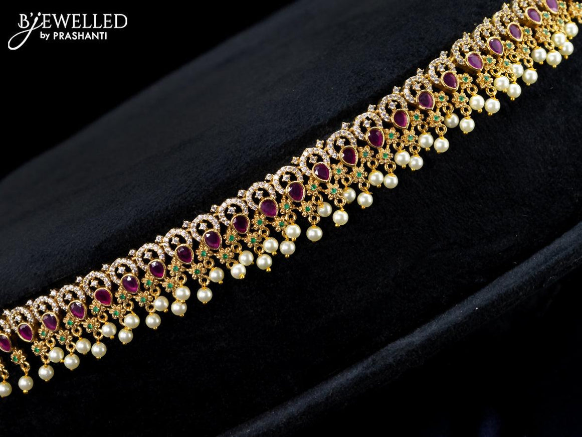 Antique hip chain floral design with kemp & cz stones and pearl hangings - {{ collection.title }} by Prashanti Sarees