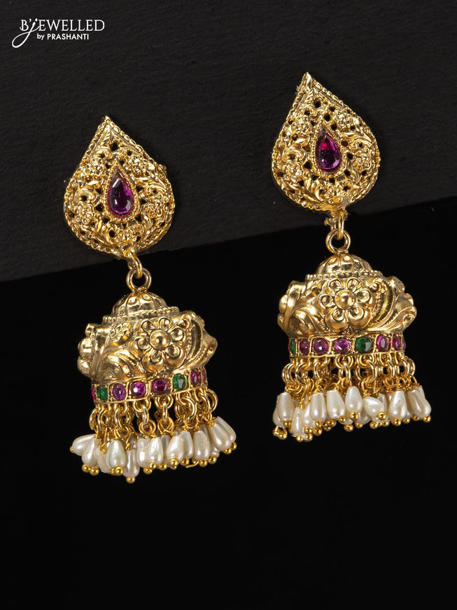Antique jhumka floral design with kemp stone and pearl hangings - {{ collection.title }} by Prashanti Sarees