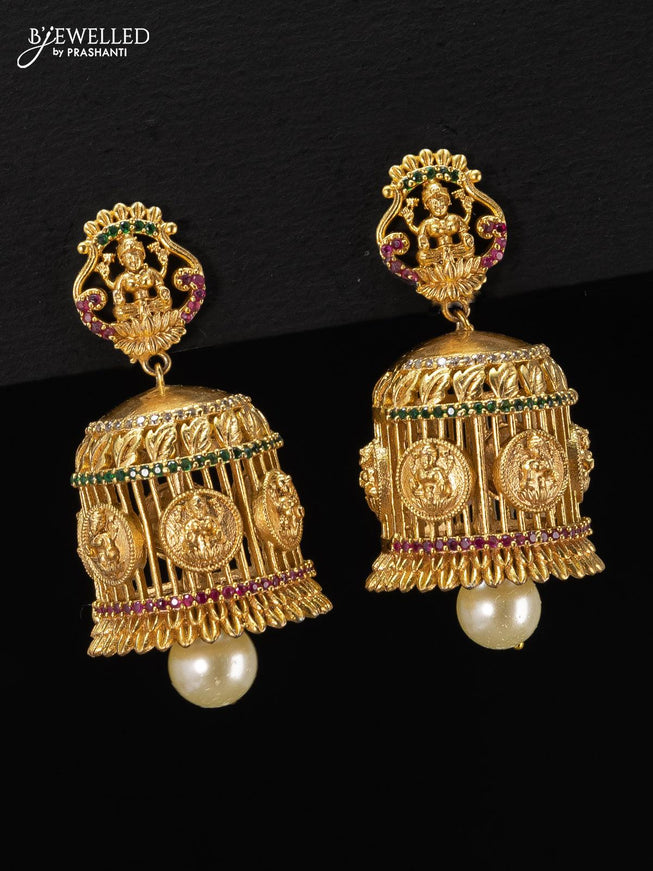 Antique jhumka lakshmi design kemp and cz stone with pearl hangings - {{ collection.title }} by Prashanti Sarees