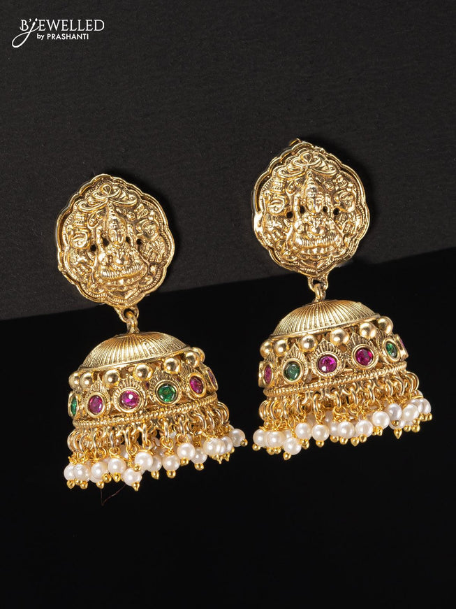 Antique jhumka lakshmi design with kemp stone and pearl hangings - {{ collection.title }} by Prashanti Sarees