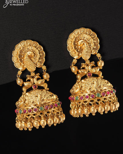 Antique jhumka peacock design with kemp stone and golden beads hangings - {{ collection.title }} by Prashanti Sarees