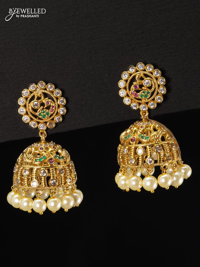 Antique jhumka peacock design with kemp stone and pearl hangings - {{ collection.title }} by Prashanti Sarees
