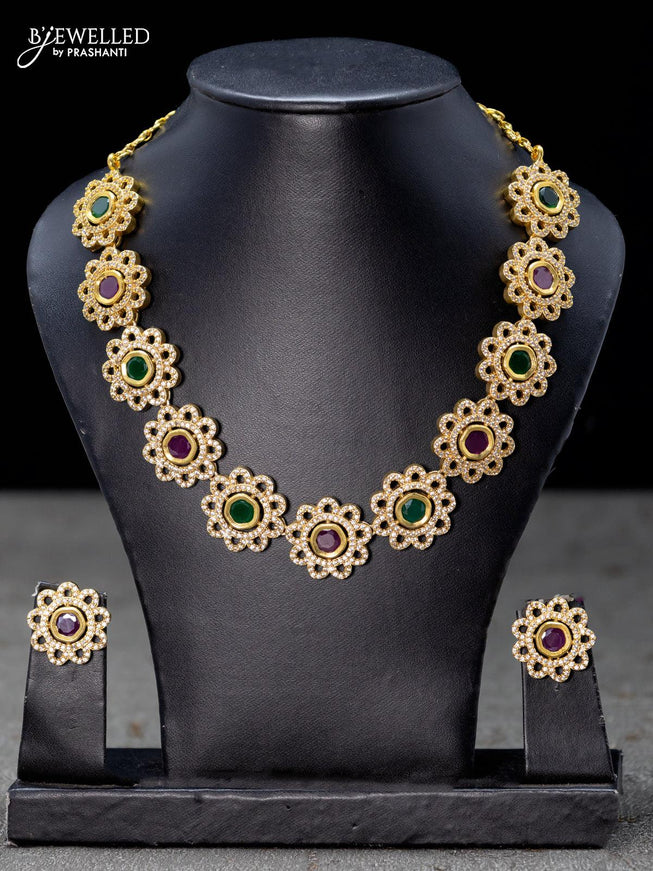 Antique necklace floral design with kemp and cz stone - {{ collection.title }} by Prashanti Sarees