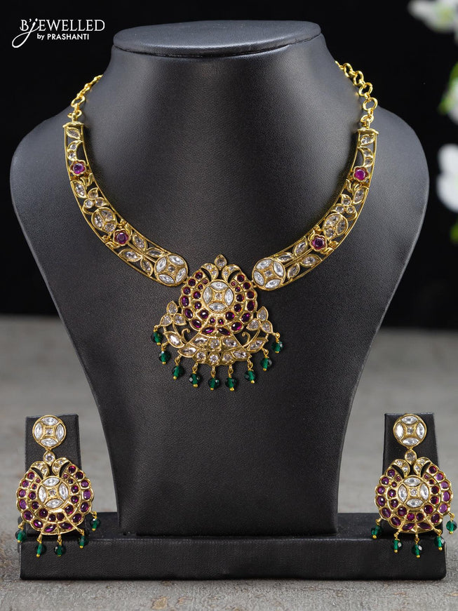 Antique necklace kemp and cz stones with beads hangings - {{ collection.title }} by Prashanti Sarees