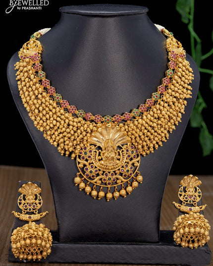 Antique necklace kemp stone with lakshmi pendant and golden beads hangings - {{ collection.title }} by Prashanti Sarees