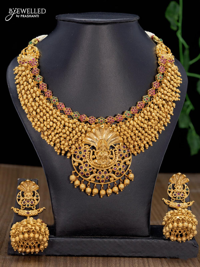 Antique necklace kemp stone with lakshmi pendant and golden beads hangings - {{ collection.title }} by Prashanti Sarees