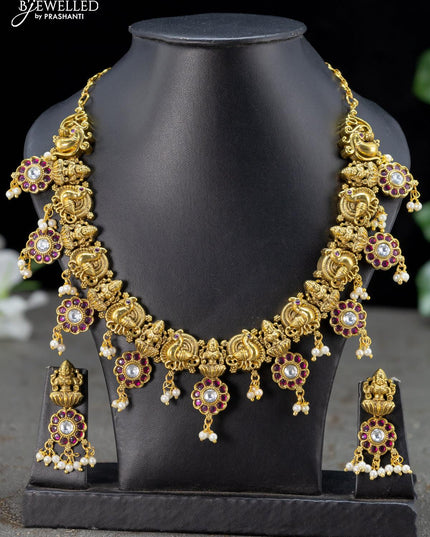 Antique necklace lakshmi design kemp and cz stone with pearl hangings - {{ collection.title }} by Prashanti Sarees
