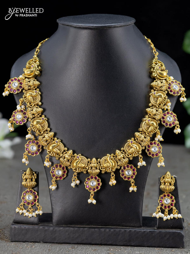 Antique necklace lakshmi design kemp and cz stone with pearl hangings - {{ collection.title }} by Prashanti Sarees