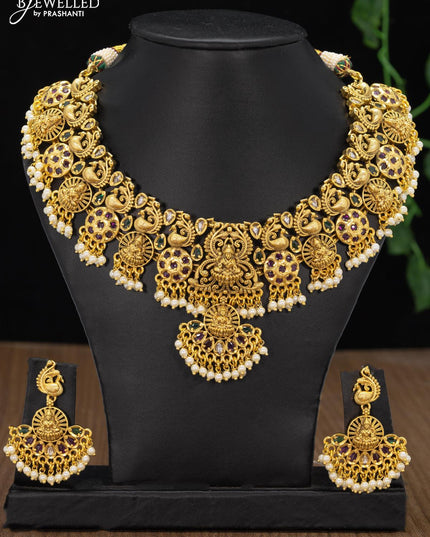 Antique necklace lakshmi design with kemp stone and pearl hangings - {{ collection.title }} by Prashanti Sarees