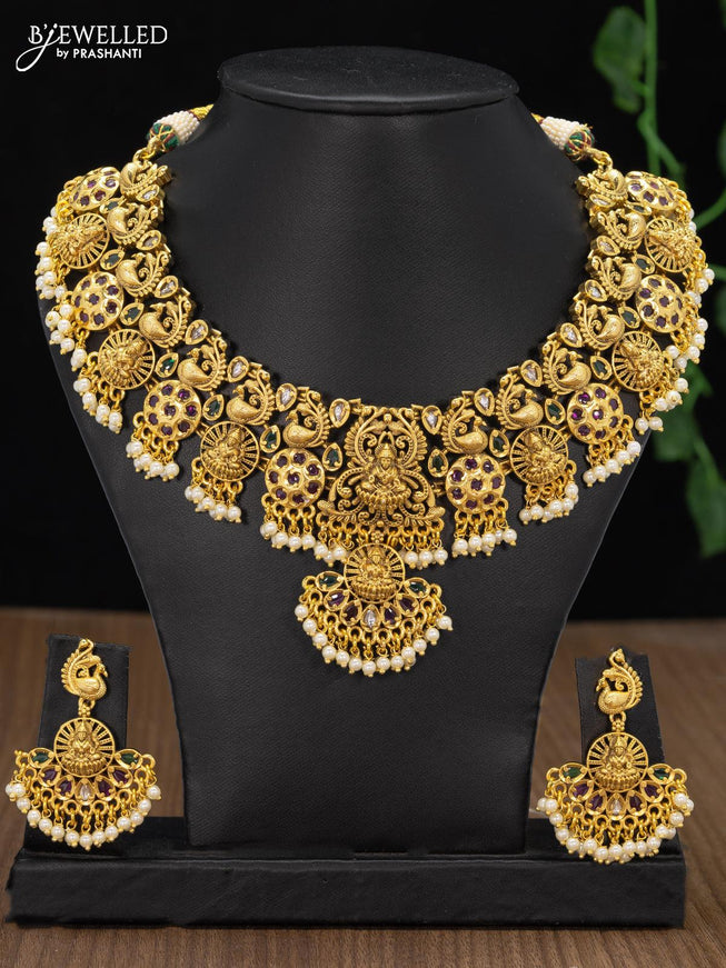 Antique necklace lakshmi design with kemp stone and pearl hangings - {{ collection.title }} by Prashanti Sarees