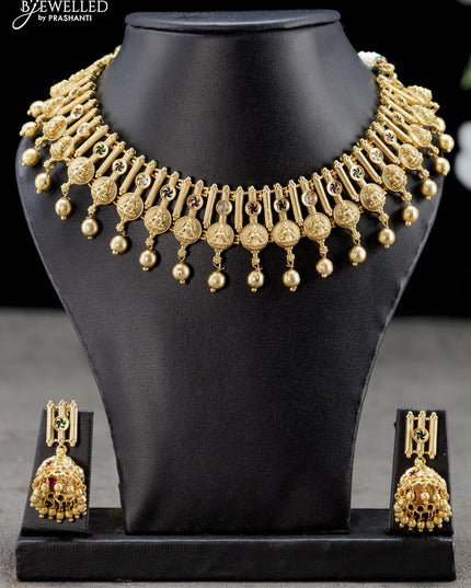 Antique necklace lakshmi design with kemp stones and golden beads hangings - {{ collection.title }} by Prashanti Sarees