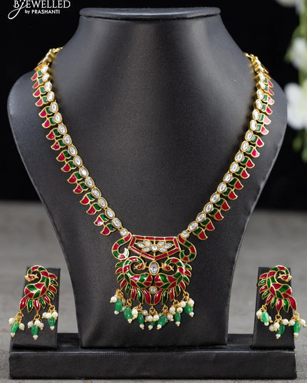 Antique necklace minakari design with cz stones and green beads hangings - {{ collection.title }} by Prashanti Sarees