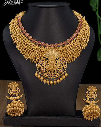 Antique necklace pink kemp stone with lakshmi pendant and golden beads hangings - {{ collection.title }} by Prashanti Sarees