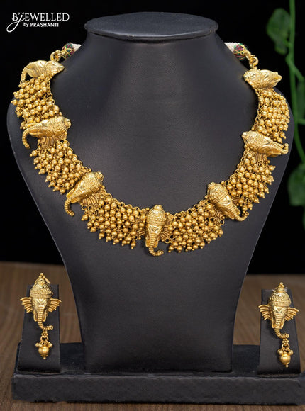Antique necklace with ganesha design and golden beads hangings - {{ collection.title }} by Prashanti Sarees