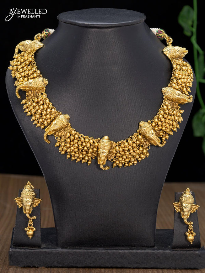 Antique necklace with ganesha design and golden beads hangings - {{ collection.title }} by Prashanti Sarees