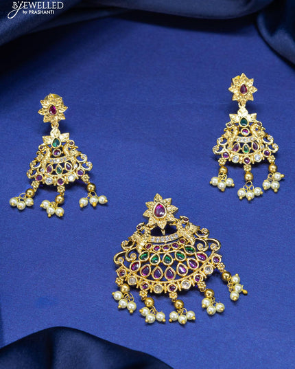 Antique pendant set kemp and cz stone with pearl hangings - {{ collection.title }} by Prashanti Sarees