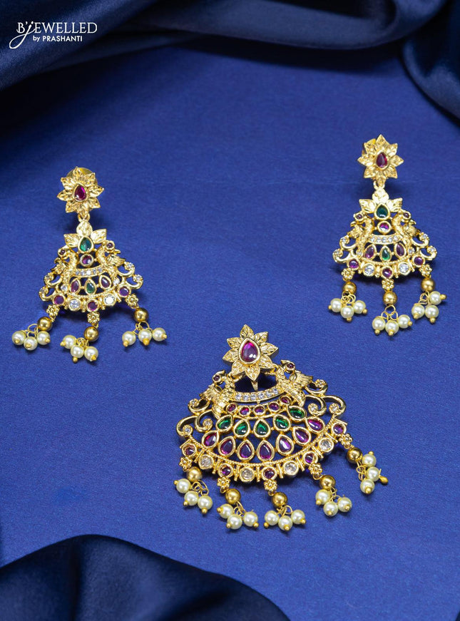 Antique pendant set kemp and cz stone with pearl hangings - {{ collection.title }} by Prashanti Sarees