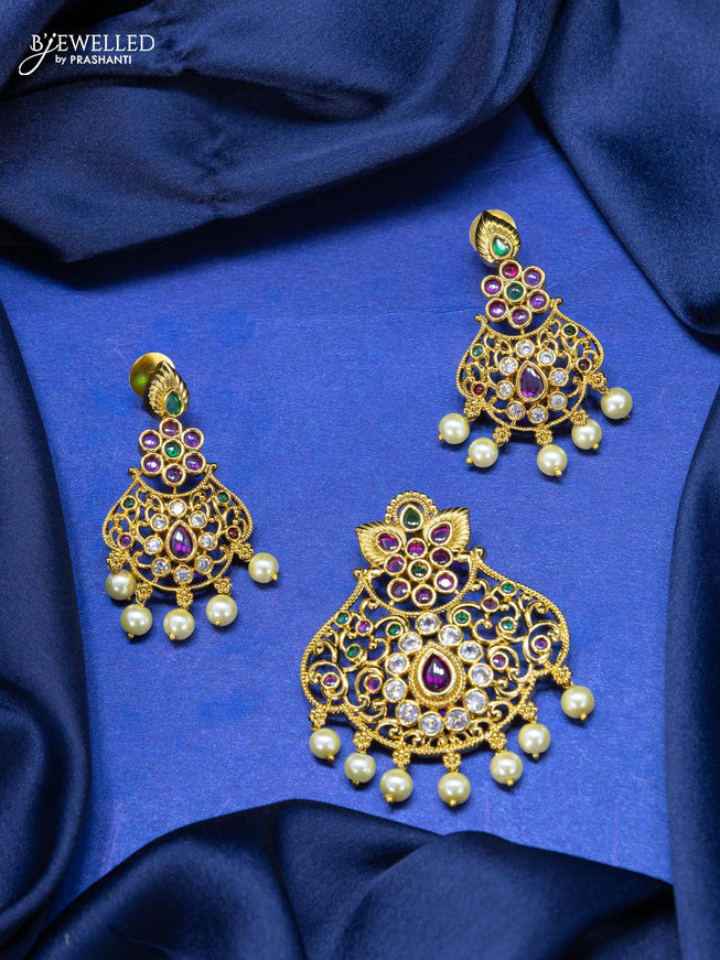 Antique pendant set kemp and cz stone with pearl hangings - {{ collection.title }} by Prashanti Sarees