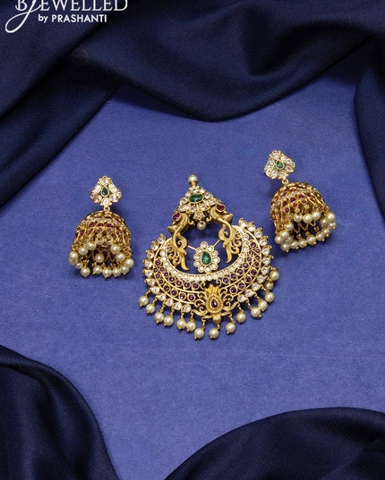 Antique pendant set kemp and cz stones with pearl hangings - {{ collection.title }} by Prashanti Sarees