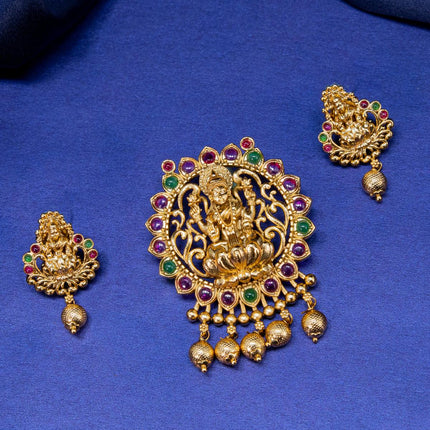 Antique pendant set lakshmi design with kemp stone and golden beads hangings - {{ collection.title }} by Prashanti Sarees