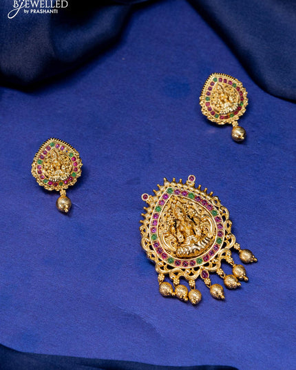 Antique pendant set lakshmi design with kemp stone and golden beads hangings - {{ collection.title }} by Prashanti Sarees