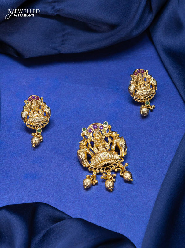 Antique pendant set lakshmi design with kemp stone and golden beads hangings - {{ collection.title }} by Prashanti Sarees