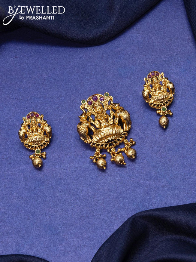 Antique pendant set lakshmi design with kemp stones and golden beads hangings - {{ collection.title }} by Prashanti Sarees