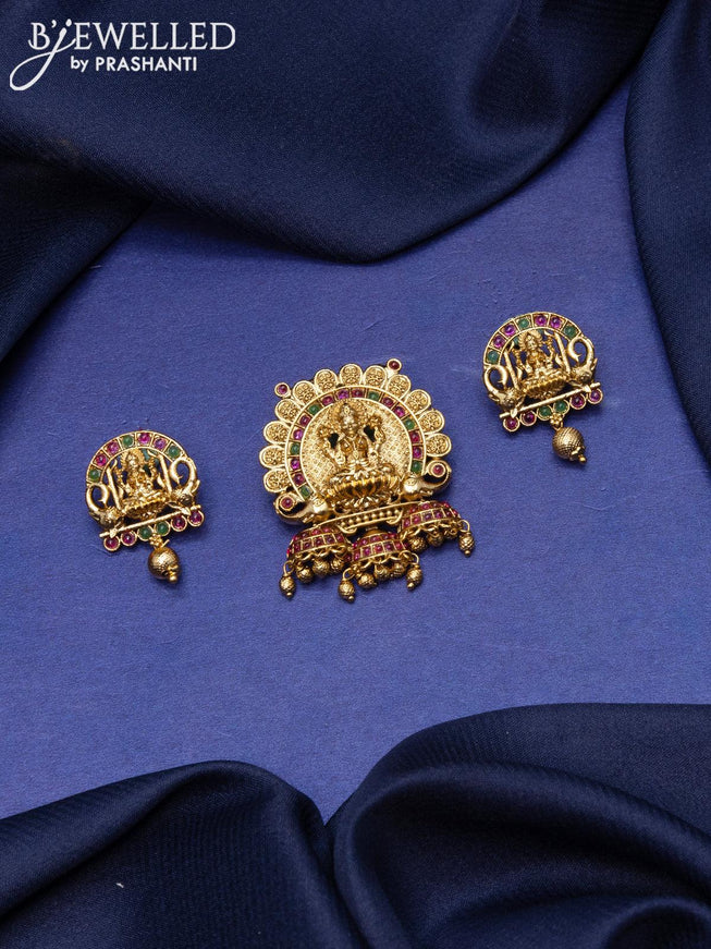 Antique pendant set lakshmi design with kemp stones and golden beads hangings - {{ collection.title }} by Prashanti Sarees