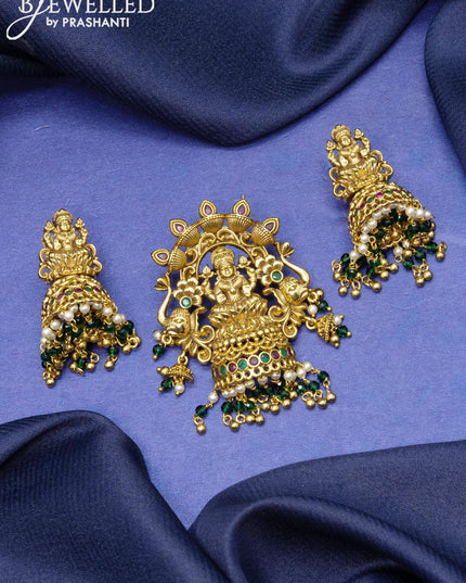 Antique pendant set lakshmi design with kemp stones and green beads hangings - {{ collection.title }} by Prashanti Sarees