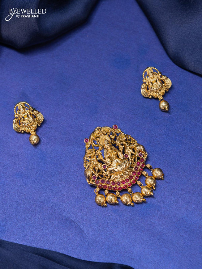 Antique pendant set lakshmi design with pink kemp stone and golden beads hangings - {{ collection.title }} by Prashanti Sarees