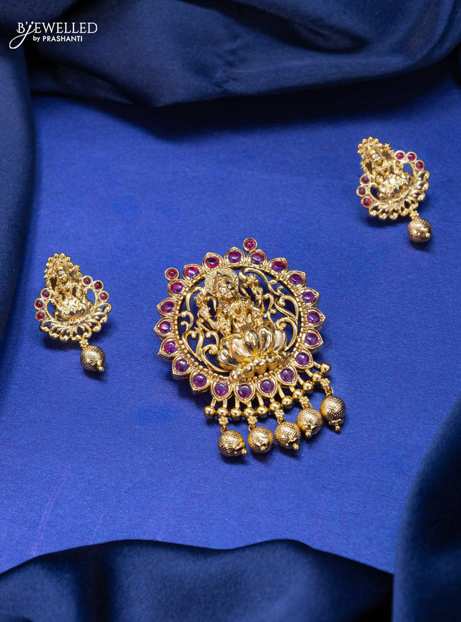 Antique pendant set lakshmi design with pink kemp stone and golden beads hangings - {{ collection.title }} by Prashanti Sarees