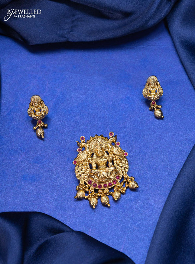 Antique pendant set lakshmi design with pink kemp stone and golden beads hangings - {{ collection.title }} by Prashanti Sarees