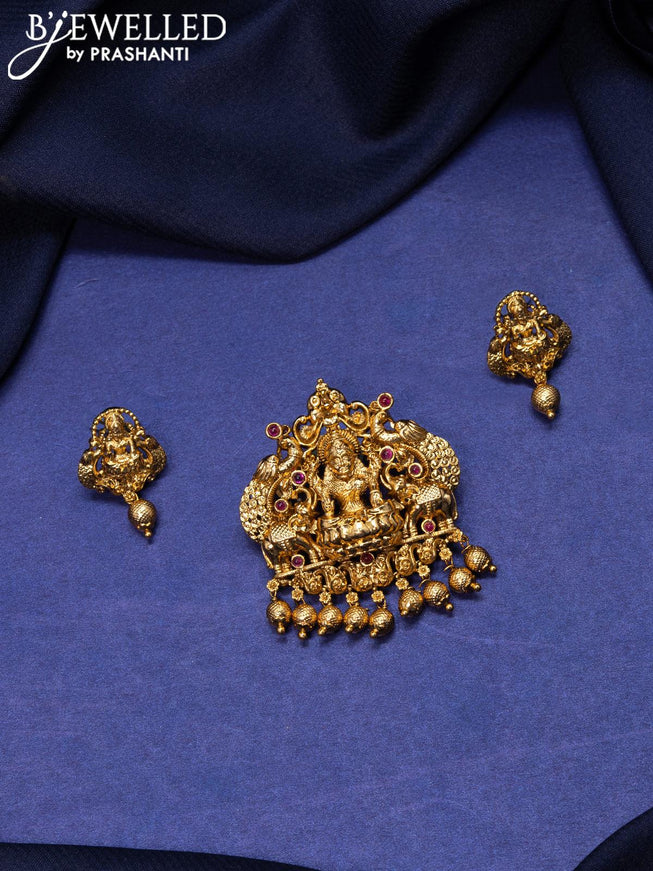 Antique pendant set lakshmi design with pink kemp stones and golden beads hangings - {{ collection.title }} by Prashanti Sarees