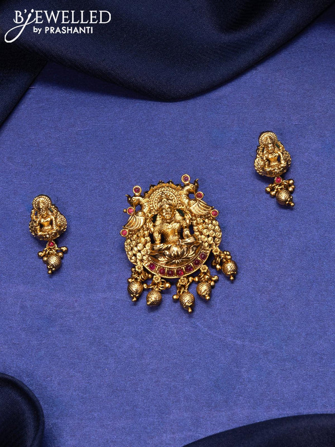 Antique pendant set lakshmi design with pink kemp stones and golden beads hangings - {{ collection.title }} by Prashanti Sarees