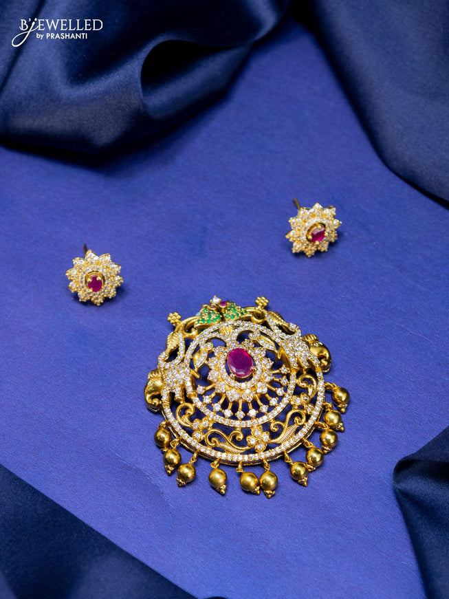 Antique pendant set with kemp & cz stone and golden beads hangings - {{ collection.title }} by Prashanti Sarees