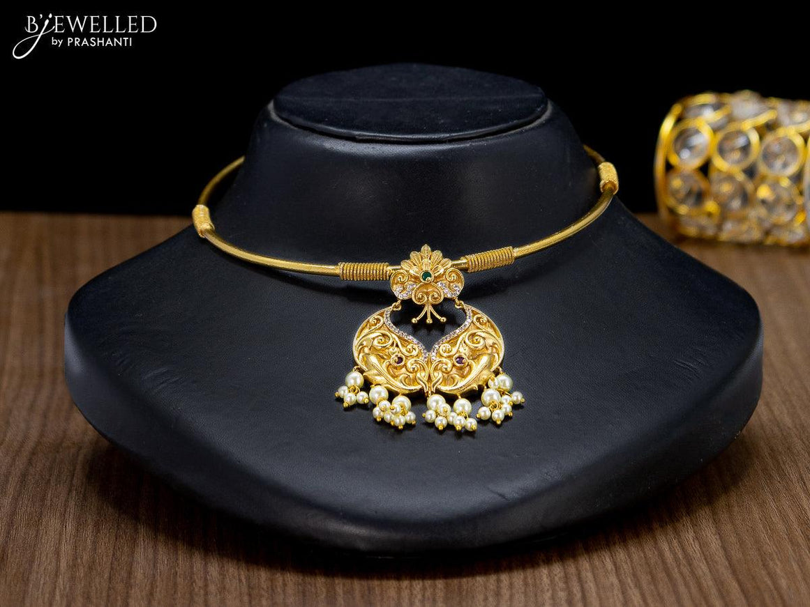 Antique ring type choker kemp and cz stone and pearl hangings - {{ collection.title }} by Prashanti Sarees