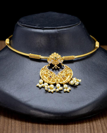 Antique ring type choker kemp and cz stone with pearl hangings - {{ collection.title }} by Prashanti Sarees